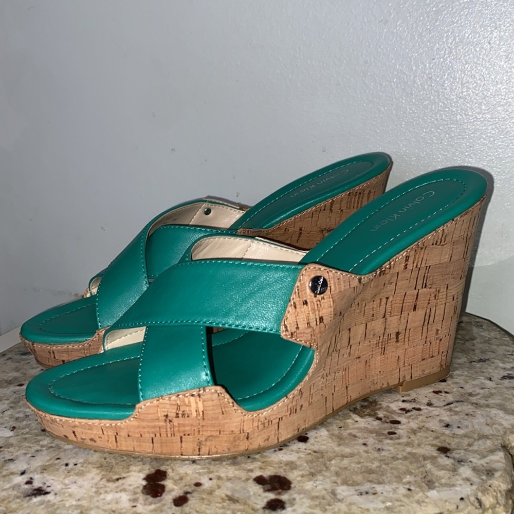 Calvin Klein EVAH Crisscross Cork Wedge Heel Open Toe Sandals Teal Size 8 - Picture 8 of 16
